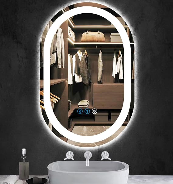THEKLA Oval LED Lighted Mirror for Bathroom Wall Mounted Horizontal/Vertical 600 x 400mm Oval Light up Vanity Mirror with Lights 60cm Anti-Fog Dimmable 3 Color Smart Touch Memory Function Front Lights