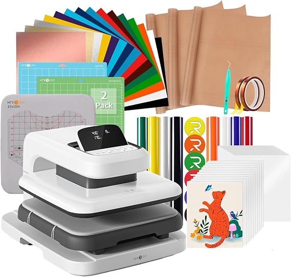 HTVRONT Automatic Heat Press Machine for T Shirts - Heat Press 15x15 with Adjustable Pressure & 55 Pack Heat Press Accessories & 2 Pcs Cutting Mat & 8 Pcs Puff Heat Transfer Vinyl