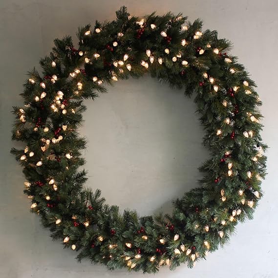 60" Prelit Christmas Decorative Warm White LED Green Pine Wreath Festive Xmas