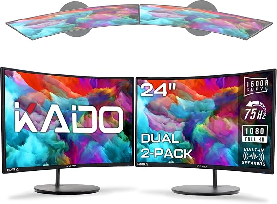 Kado Dual Monitor 2-Pack 24" Curved 1500R 1920x1080 75Hz Computer Monitor