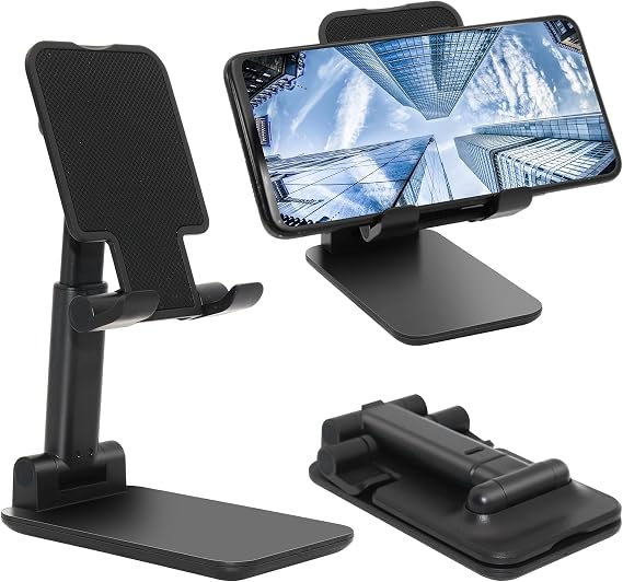 Cell Phone Stand for Desk, Angle & Height Adjustable Phone Holder, (Black) | Fully Foldable, Fits for All Under 6.5" Smartphones, Ideal for Home, Office & Travel Use