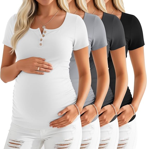 Riyiper 4 Pack Women's Maternity Shirts | Pregnancy Tops, Henley, Scoop Neck, Short Sleeve, Side Ruched, Mama, Slim Fit, Soft and Comfort Fabric