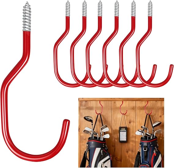 Heavy Duty Bike Storage Hooks for Garage, Wall and Ceiling Mount Bicycle Hangers, Large Screw-in Utility Hooks for Bikes, Cords, Garden Tools, and More (Red, 7 pcs)