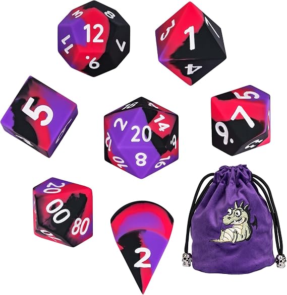 7-Piece Jumbo Silicone DND Dice Set, 25mm Oversized Dice D&D Dice, Round Edges Soft Perfect Bouncer for D&D RPG Bar Pub Club Party Games(Purple&Black&Red)