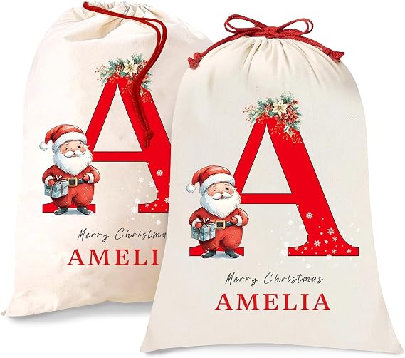 Custom Initial Christmas Santa Sack with Name, Personalized Xmas Canvas Drawstring Bags for Kids, Christmas Gift Doll Bags for Holiday Presents Eve Box Large Sack Bags