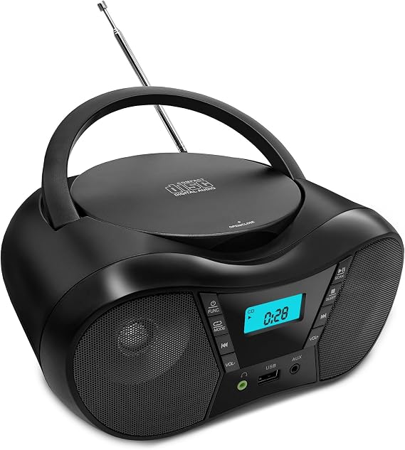 Portable CD Player Boombox with FM Radio, Bluetooth Speaker, AC/Battery Powered, Support CD/CD-R/RW/USB/BT/AUX, LCD Display, Headphone Jack, Gifts for Parent (Black)