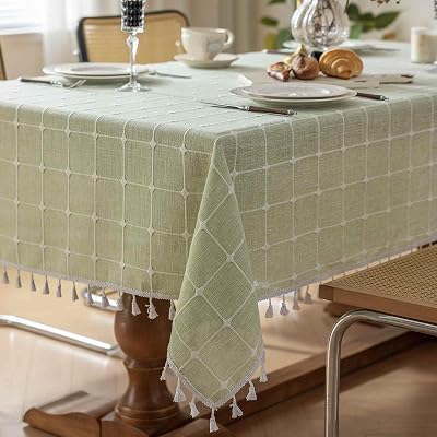Rectangle Tablecloth Boho Grid with Tassels, Embroidered Green Table Cloth Cover Heavy Weight Linen Look Farmhouse Plaid Checked, Water Resistant, Picnic, Indoor Kitchen Dining, Sage Green 52x 70 Inch