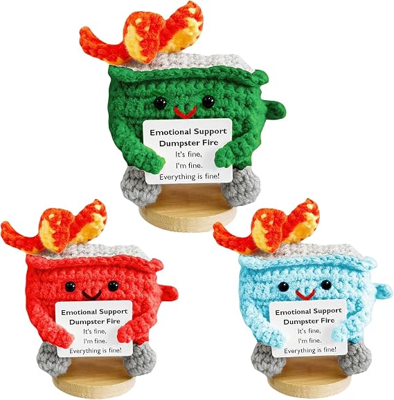 3-Pack Handmade Funny Emotional Support Crochet Dumpster Fire Desk Decor,Stress Relief Gifts for Coworkers, Nurses Week, Teachers, Friends, Boss,Cute Office Toys,Positive Vibes Gift Box