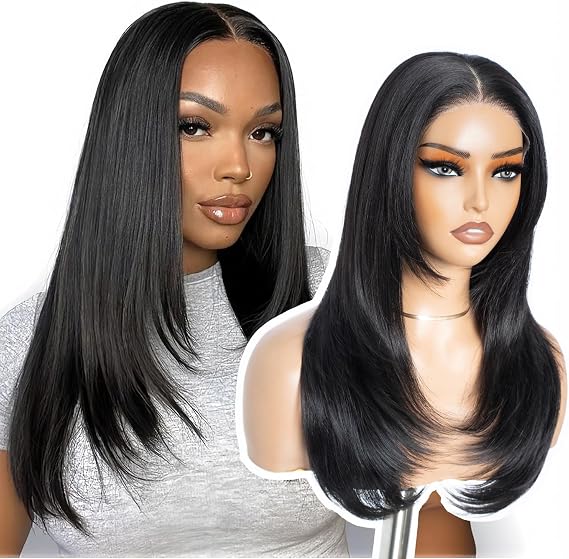Style Icon Wear and Go Glueless Wigs Pre Plucked Pre Cut for Beginners Long Layered Straight Synthetic Lace Front Wigs with Curtain Bangs 20 inch Natural Black 3 Seconds to Wear