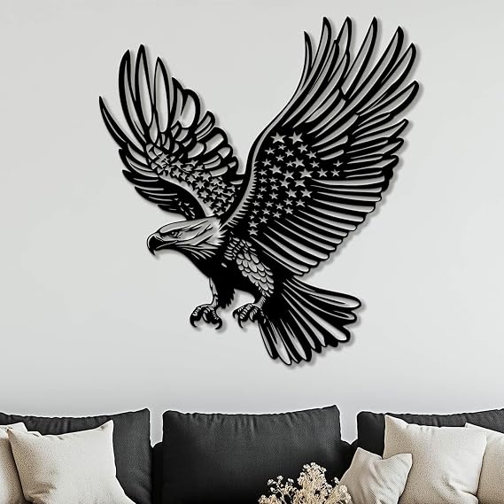 Metal Eagle American Flag Wall Decor, Metal Bald Eagle Wall Art, Metal Eagle Wall Decor, Eagle Metal Art, Wall Decor for Living Room, Patriotic Gift (Black, 17" x 19" / 43 x 47 cm)
