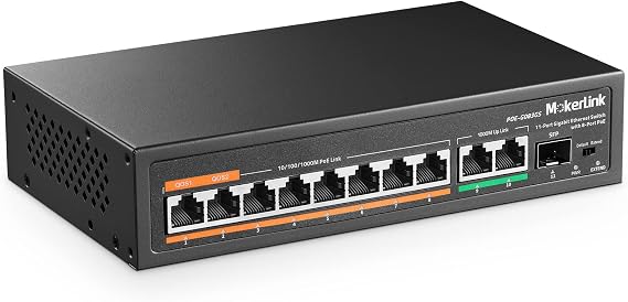 MokerLink 11 Port Gigabit PoE Switch with 8 PoE+ Port, 2 Gigabit Uplink, 1 SFP Port, 120W AI Detection, Qos, Fanless Metal Plug & Play Unmanaged Network Switch