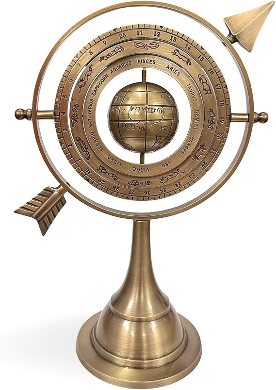 10.15" Antique Brass Armillary Sphere With Pierced Arrow | Nautical Maritime Astrolabe Engraved Astrological Star Signs Globe | Home Decor Center Piece Ideas | Vintage Collectible Gifts