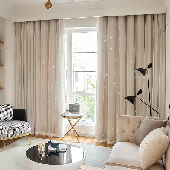 Loyala Stars Double Layer Blackout Curtains for Bedroom - Kids Cute Curtains, 84 Inches Long 1 Panel, Beige, 52 X 84 Inches
