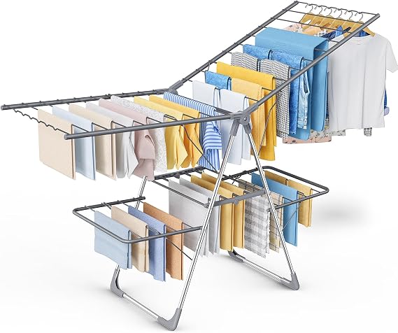 Sakugi Clothes Drying Rack, Foldable 2-Level with 70" Adjustable Wings