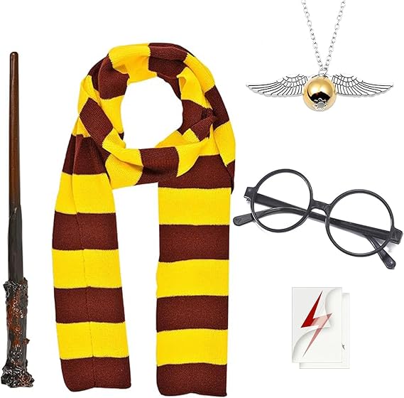 Wizard Costume Set, 6 PCS Cosplay Accessories Magic Wand and Glasses Knitted Scarf, Wizard Necklace for Wizard Cosplay Fancy Dress Outfit Accessories for School Event World Book Day