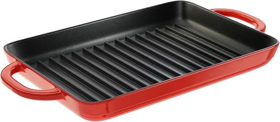 Lodge Enamel Cast Iron Grill Pan, 12.5 x 8 Inches, Red | Dual Assist Handle Enamel Cast Iron Grill Pan for Oven & Stovetop Use, PFAS-Free & Induction-Safe Cookware