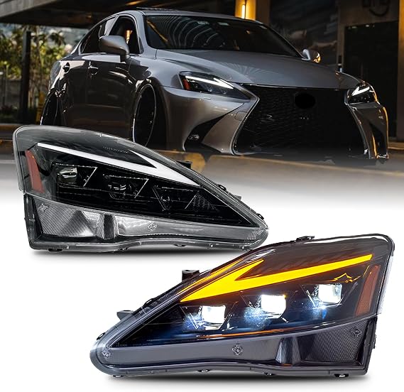 HCMOTIONZ Lexus IS Headlight Three-Eye LED Left and Right Set Headlamp Flowing Turn Signal All LED Amber Color IS250 IS350 IS220d 2006-2012 ISF 2008-2014 GSE20 Series 30 Series Early Mid Late