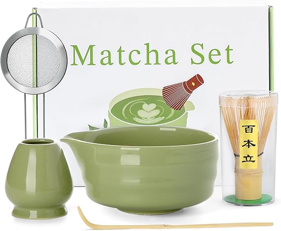 Matcha Whisk Set - 5PCS Matcha Set Includes 17OZ Chawan with Spout, Bamboo Chasen Whisk with Ceramic Holder, Matcha Scoop and Stainless Sifter, Matcha Kit for Ceremony, Gift for Matcha Lovers