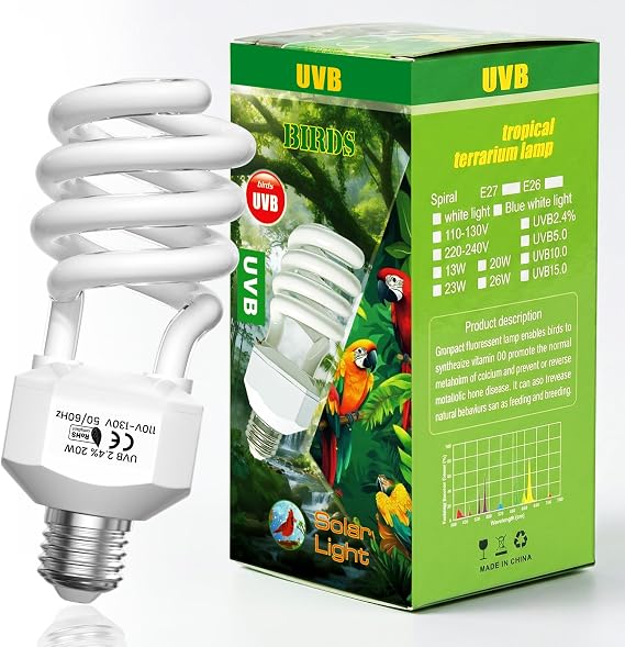 GlowUp 20W UVB 2.4 Light for Bird E26, 2.4% UVB Bird Light Bulb for Parrots