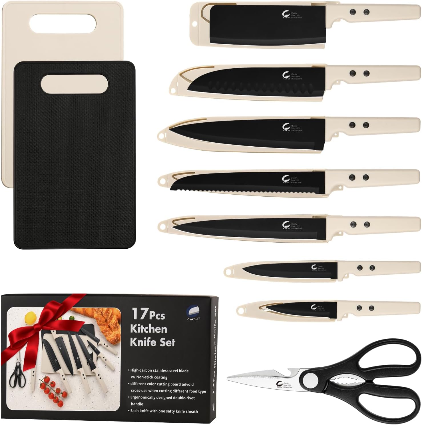 17-Piece Kitchen Knife Set - Black Stainless Steel Knives with 2 Cutting Boards, Safety Sheaths Included, Dishwasher Safe, Ultra-Sharp Blades, Essential Kitchen Tools for New Homes