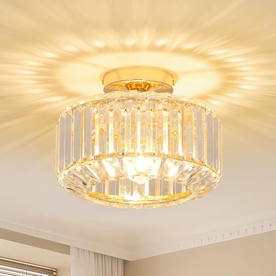 Rayofly Modern Crystal Chandeliers, Gold Ceiling Light Fitting with Glass Lampshade, Semi Flush Lights for Living Room, Bedroom, Kitchen, Hallway, Bathroom [Energy Class D]
