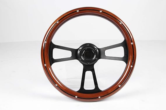 350mm 14" Inch Classic Nostalgia Style Wood Grain Steering Wheel Slotted 3 Spoke Black Steering Wheel Mohagany Wood Grip with Rivetts