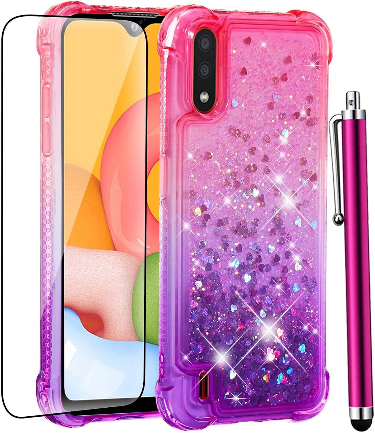 for Galaxy A01 Case with Tempered Glass Screen Protector,Glitter Bling Floating Liquid Sparkle Quicksand Women Girls Cute Clear TPU Phone Cover Protective for Samsung Galaxy A01 -PinkPurple