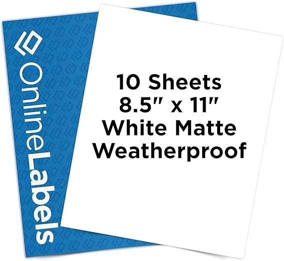 OnlineLabels 8.5" x 11" Full Sheet Waterproof Sticker Paper Permanent Adhesive, White Matte Vinyl-Like, Compatible with Cricut & Silhouette for Inkjet Printers Pack of 10 Sheets OL177WJ
