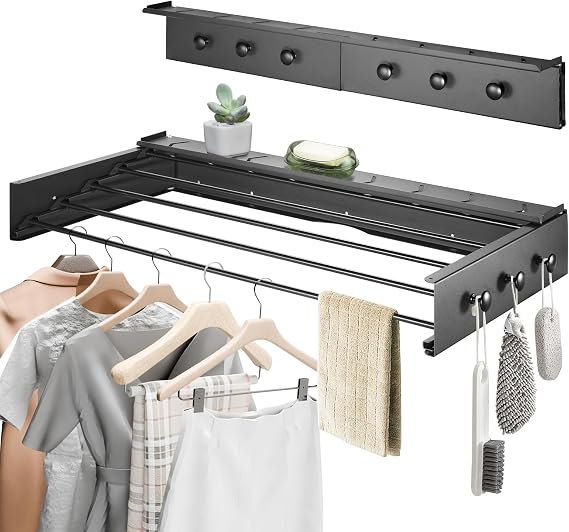Wall Mounted Clothes Dryer, Space Saving Clothes Drying Rack with Additional Hooks, Foldable Laundry Clothes Dryer, Easy to Install, Retractable Drying Rack for Indoor & Outdoor, 80cm (Black)