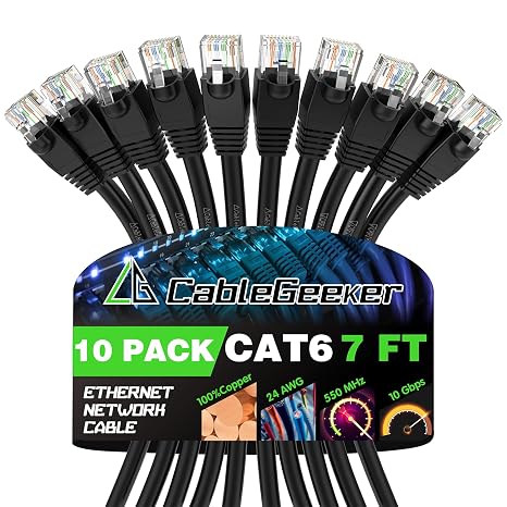 CableGeeker Cat 6 Ethernet Cable 7 ft (10-Pack) - Cat6 Patch Cables, Snagless RJ45, Cat 5e Cat 6 Patch Cable, Cat 6 Cable, 7 Foot Cat6 Ethernet Cables, Network Cable, Internet Cable - 7 Feet Black