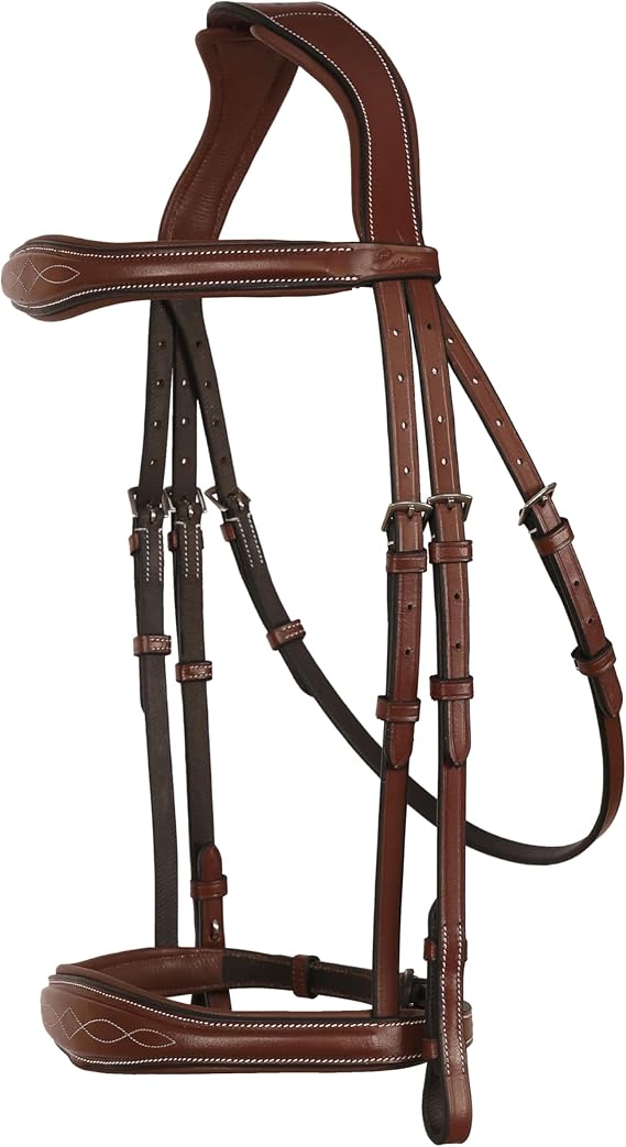Exion Hunter Anatomic English Bridle Padded Fancy Stitched Leather Bridle with Rubber Reins Ergonomic Poll Relief Crownpiece for Show Jumping & Eventing Stainless Steel Havana Brown