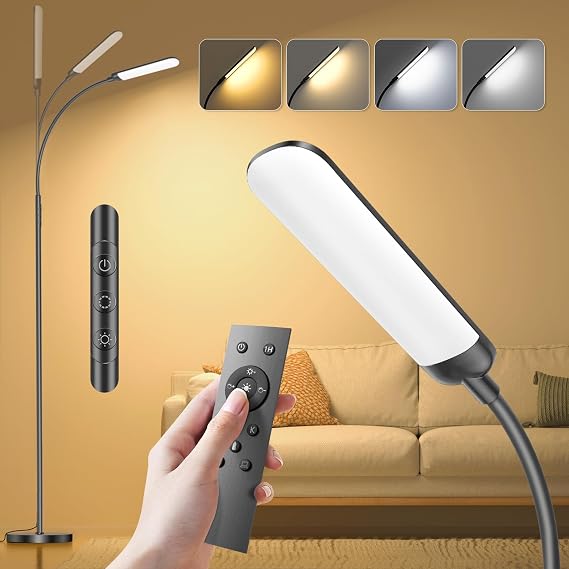 18 W Dimmable LED Floor Lamp with Remote Control 1200 Lumens 4 Colour Temperatures and 4 Brightness Levels Ideal for Living Room Bedroom Office Black