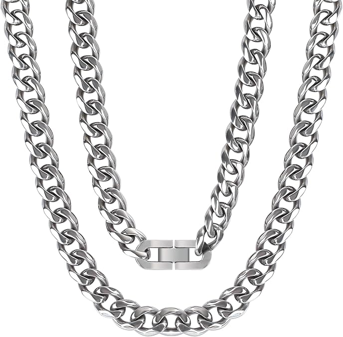 SanThree 10.5mm TA1 Pure Titanium Cuban Link Chain Necklace for Men, Ultra Light Hand Polished Diamond-Cut Solid Ti Chains for Anniversary Graduation Birthday, 23.62"