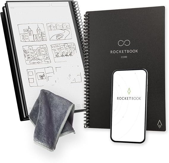 Rocketbook Core Reusable Spiral Notebook, Executive Size 15 cm x 22.4 cm, Black - Dotted Pages, App-Connected, Erasable, Durable Cover, Ideal for School, Work, and Creative Projects