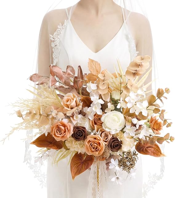 Ling's moment Burnt Orange and Brown Wedding Bouquets, 17 Inch