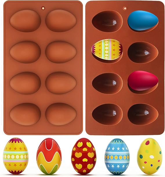 2 Pack Easter Egg Silicone Mold 8-Cavity Chocolate Candy Molds for Cake Decorating, Egg Shaped Baking Mould for Soap Making, Truffles Chocolate, Candy, Jelly, Desserts, Ice Tray Backing Set