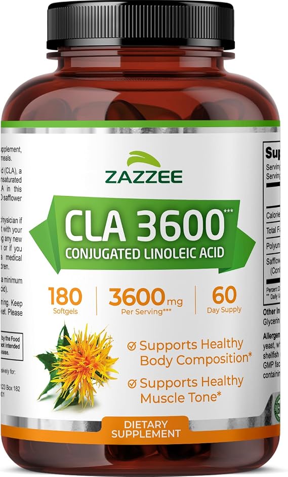 Zazzee High Potency CLA 3600, 180 Softgels, 3600 mg per Serving | Conjugated Linoleic Acid from Safflower Oil, Concentrated and Standardized, 60 Day Supply, Non-GMO, Made in the USA