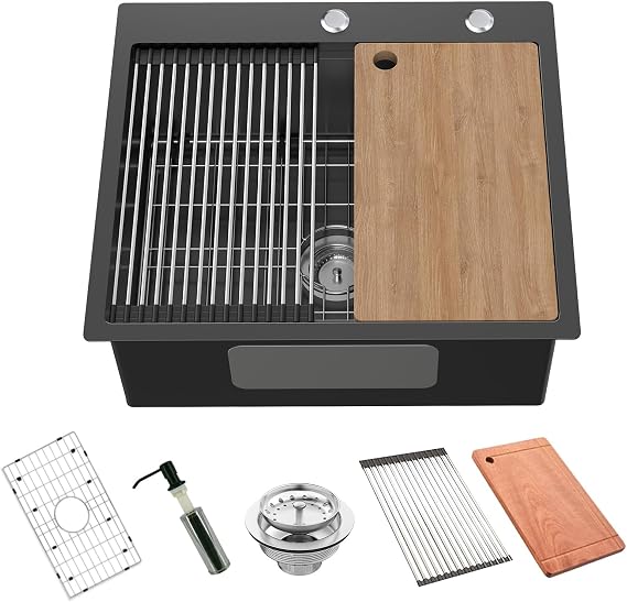 Black Kitchen Sink Workstation, 25x22 Inch Stainless Steel Drop In Kitchen Sink Modern Large Single Bowl Kitchen Sink Gift Combo-SS Grid,Drying Rack,Cutting Board,Soap Dispenser, Drain Strainer Set
