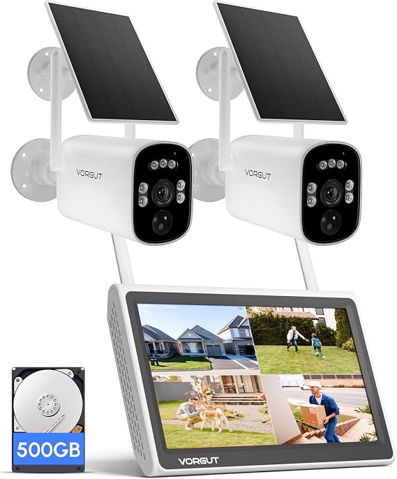 Solar Home Security Camera System with 10CH 10" LCD Monitor NVR, 4MP 2PCS Bullet Solar Camera Wireless Outdoor, Solar-Powered Camera CCTV System, Motion Record(500G HDD)