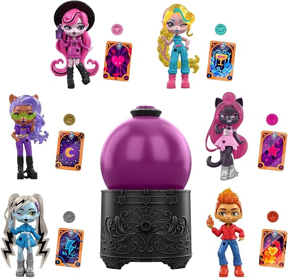 Monster High Potions Crystal Globe mini dolls, 8cm surprise character figures with water changes, talisman and tarot card (Characters may vary), JCX99