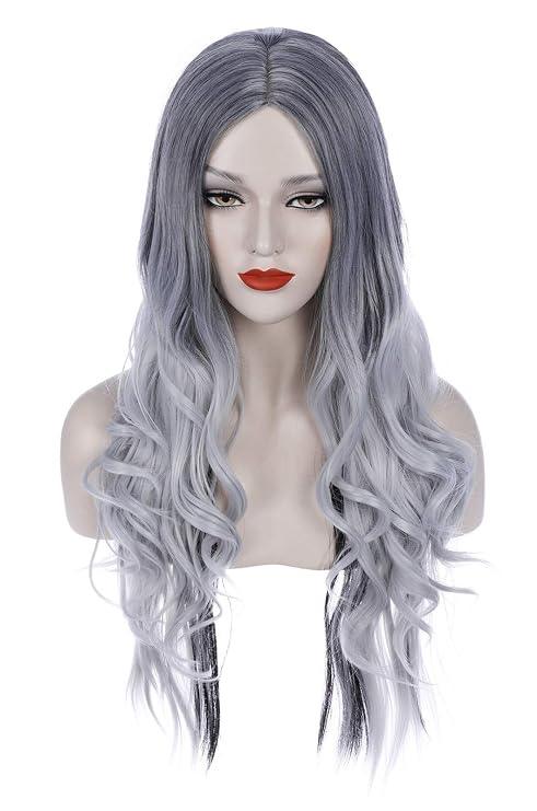 Silver Wigs for Witch Costume Grey Wigs for Women Long Curly Wavy Hair Wigs for Party Costume Halloween BU036GY