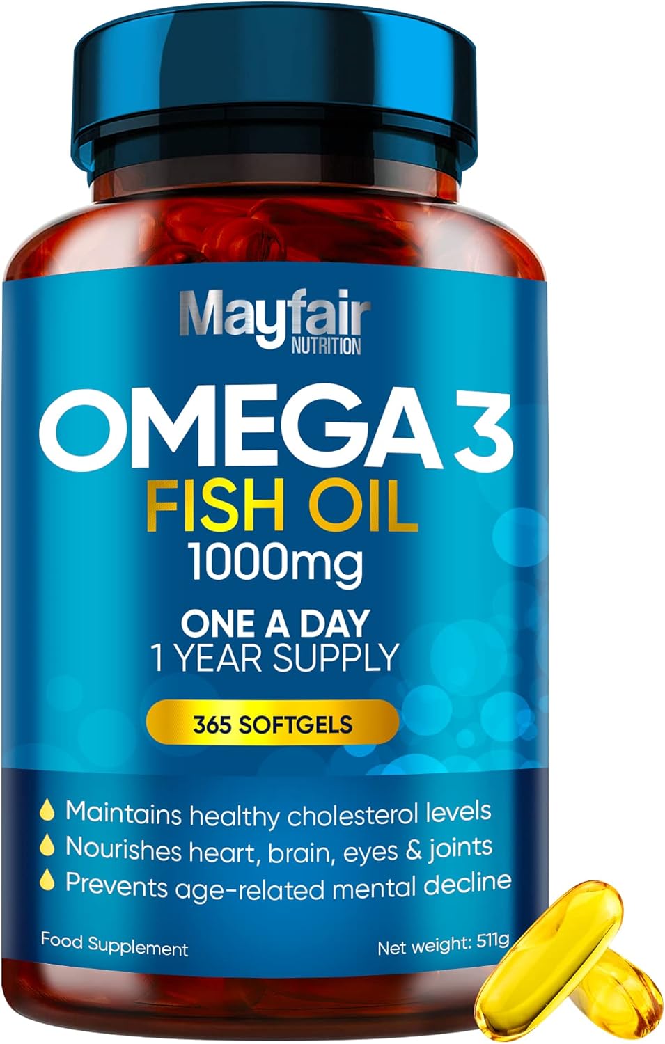 Omega 3 1000mg Capsules - 365 Fish Oil Tablets with EPA &amp; DHA - One a Day - Supports Heart, Vision, Brain Health - 1 Year Supply - Made in UK