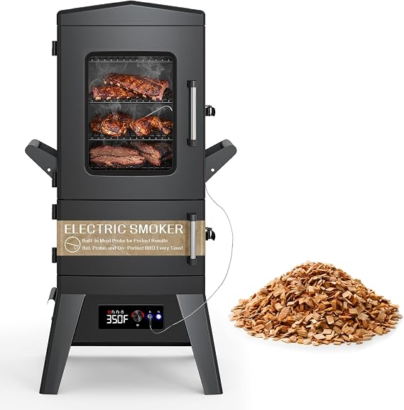 Large Vertical Electric Smoker Grill 633 sq in | 4-Rack BBQ Smoker with Built-in Meat Probe, Wood Chip Loader &Weather-Resistant Cover Perfect for Steak, Fish, Ribs (Black)