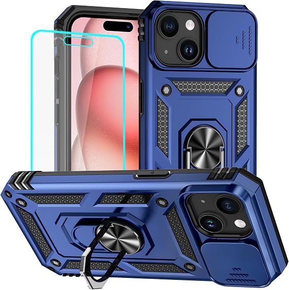 Yiakeng for iPhone 15 Case with Screen Protector: [Military Grade 20ft. Drop Tested] Slide Camera Cover Ring Shockproof Protective Phone Case for - iPhone 15 (Blue)