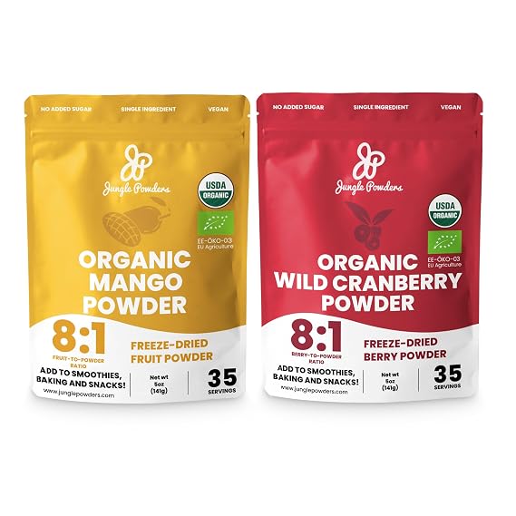 Jungle Powders Exotic Fruit Bundle: 5oz Organic Mango & 5oz Organic Wild Cranberry Powder - Versatile Ingredients for Baking, Smoothies & More, Non-GMO, Vegan, Additive-Free Superfood Extracts!