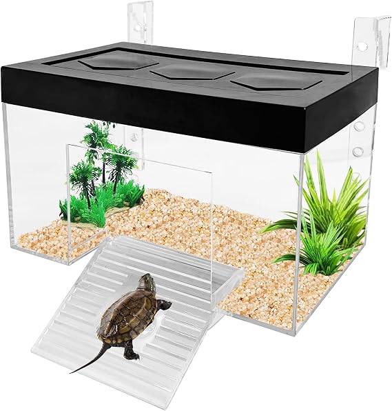 Turtle Basking Platform 9.84 x 6.30 x 6.30inch Hanging Basking Platform for Aquatic Turtles with Lid and Ramp Adjustable Reptile Ramp Dock Turtle Tank Accessories (Medium)