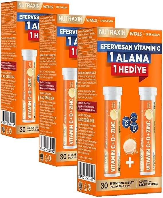 Nutraxin Effervescent Vitamin C-D-Zinc – 1000 mg C Vitamini, 400 IU D3 ve 10 mg Çinko İçeren Portakal Aromalı Efervesan Tablet – 30 Tablet – Vegan (3 paketi)