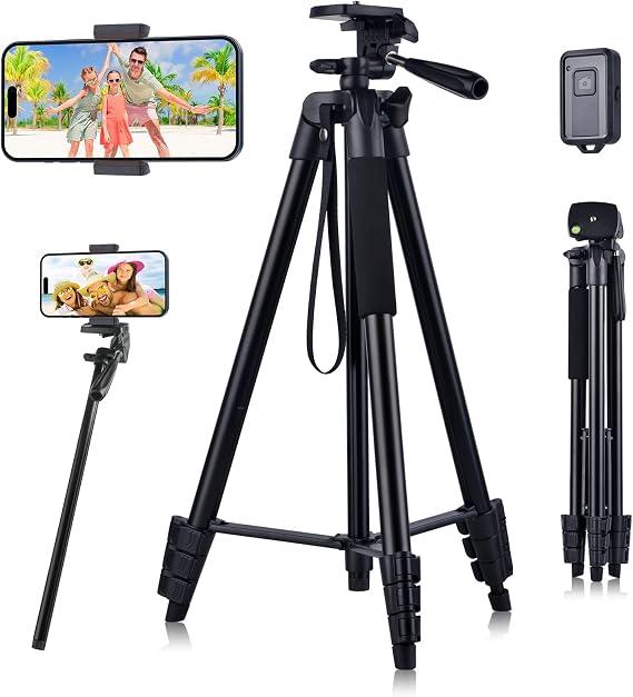 LINKCOOL 160cm/63 Adjustable Phone Tripod, Lightweight Portable Stand with Remote Shutter for iPhone Samsung Smartphone & Camera