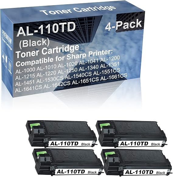 4-Pack Compatible High Capacity AL-110TD AL110TD Toner Cartridge use for Sharp AL-1000 AL-1010 AL-1020 AL-1041 AL-1200 AL-1215 Printer (Black)