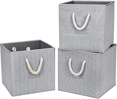 Robuy Cube Storage Bins,Grey Fabric Foldable Storage Bins,Set of 3 Stroage Boxes with Cotton Rope Handles for Organizer Home,Office, Nursery 13x13x13 inch